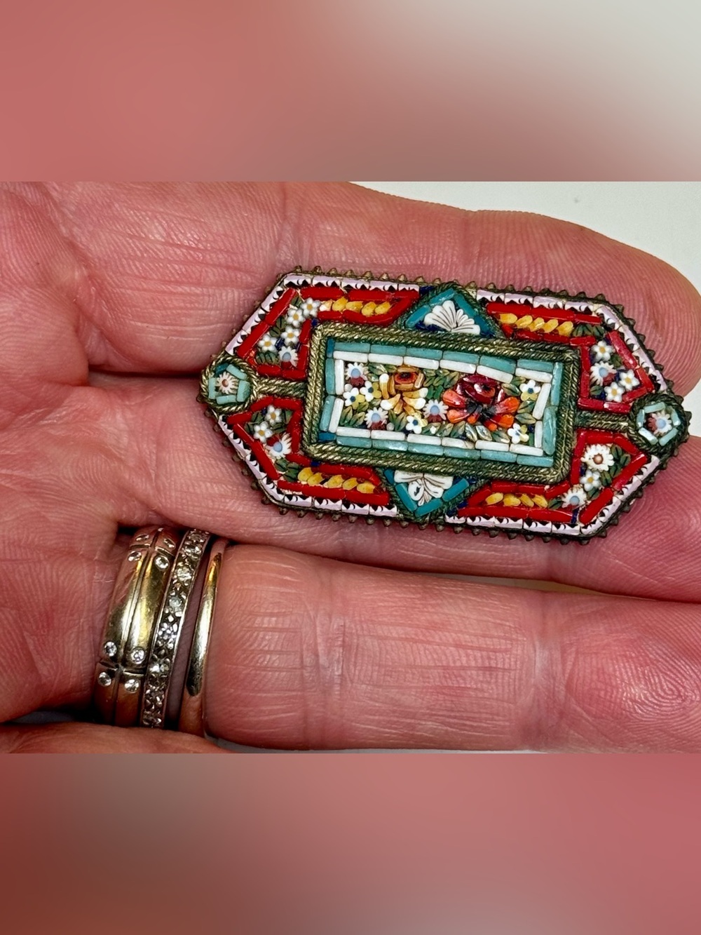 Antique 1930s Italian hand cut Glass mosaic mille fleuri brooch